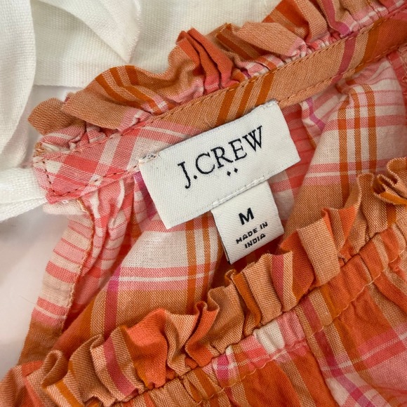 J.Crew Plaid Peasant Top 100% Cotton Ruffle Orange Pink Med Cottagecore Prairie - Picture 9 of 14
